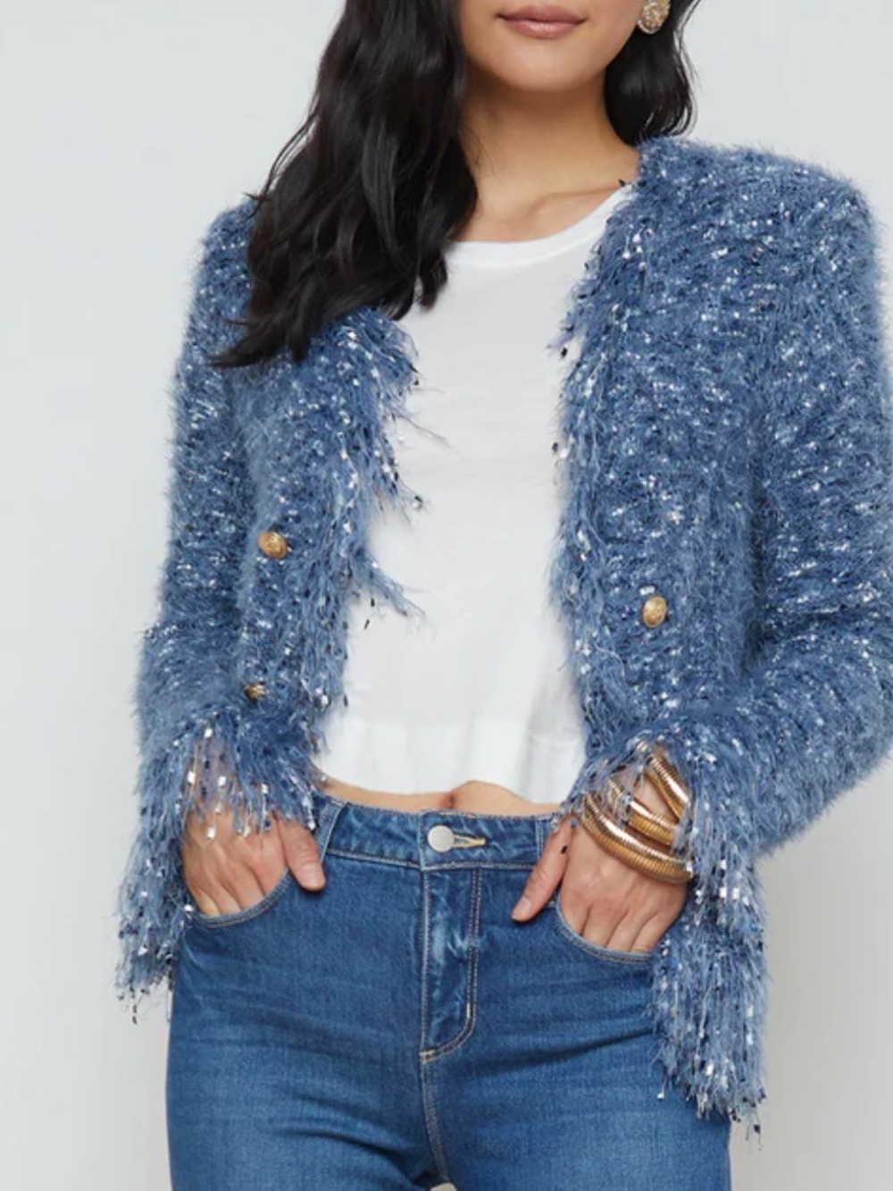 L'AGENCE Blue Textured Fringe Tweed Jacket